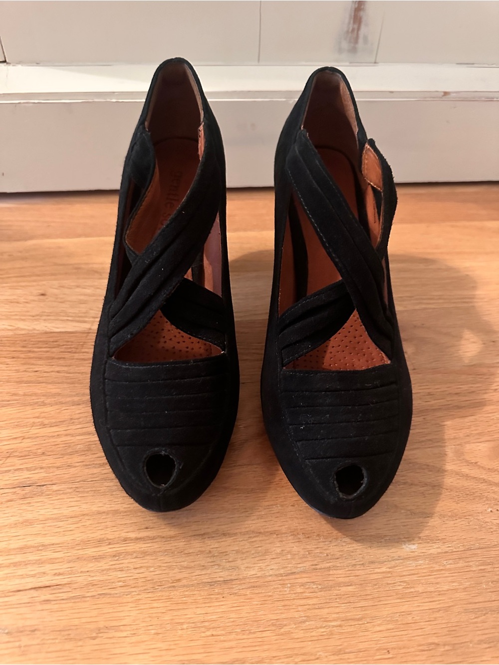 gentle souls Black Suede Peep-Toe Cross-Strap Heels